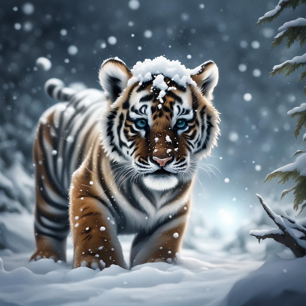 Happy Tiger Cub in Snowy Landscape