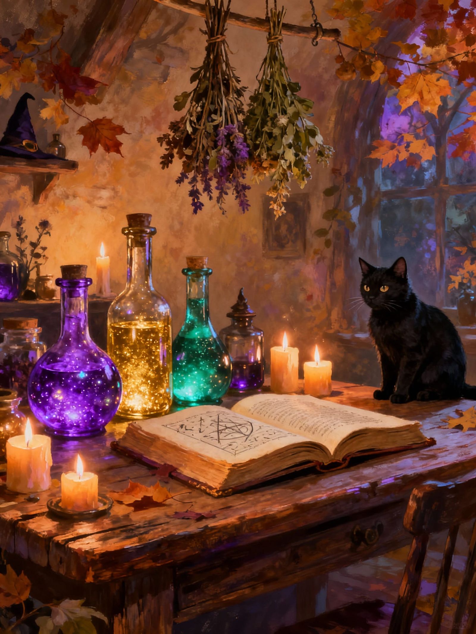 Cozy Witch's Table with Glowing Potions and Spellbook