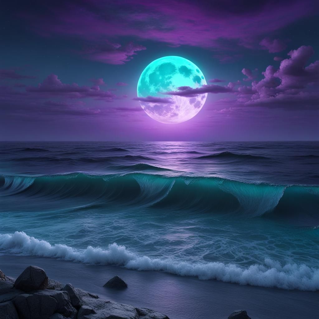 Mystical Ocean at Night with Teal Moon