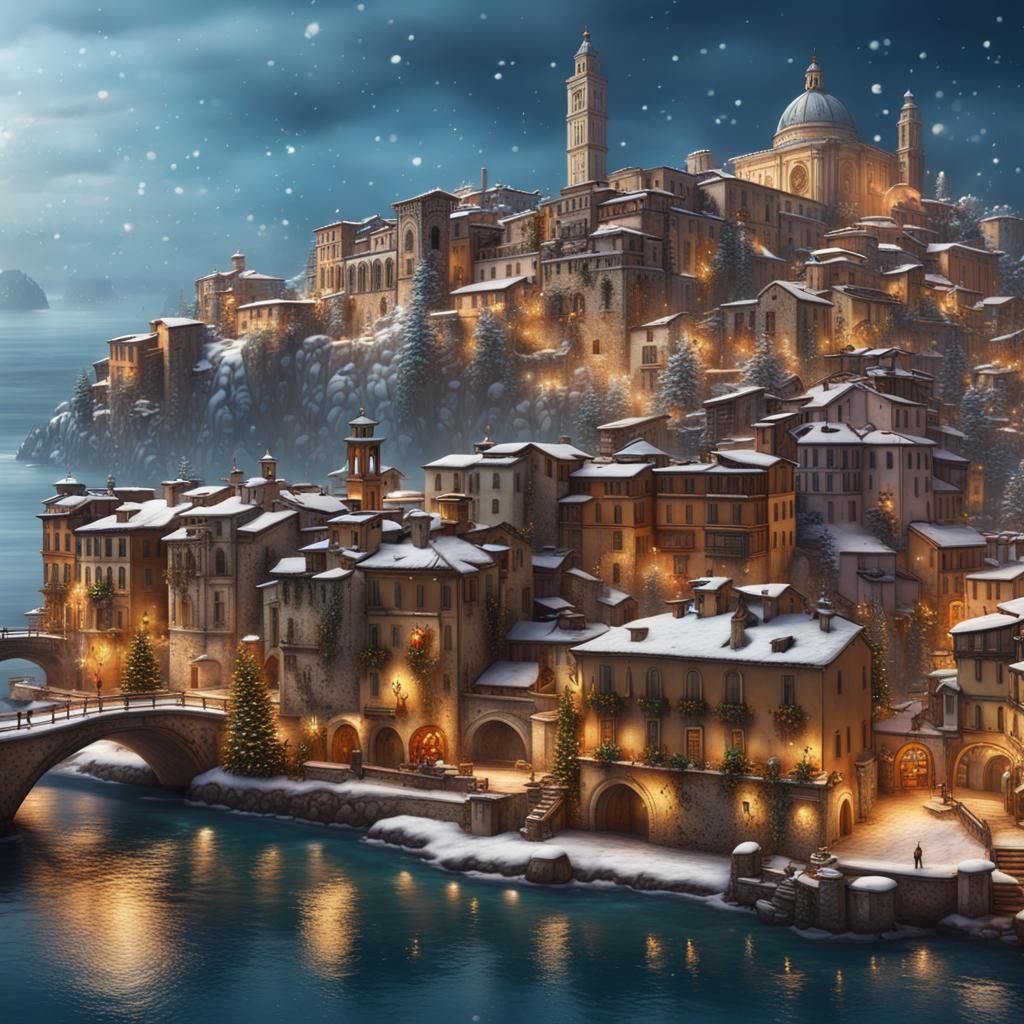 Italian Coastal Town Christmas Scene in Fantasy Art