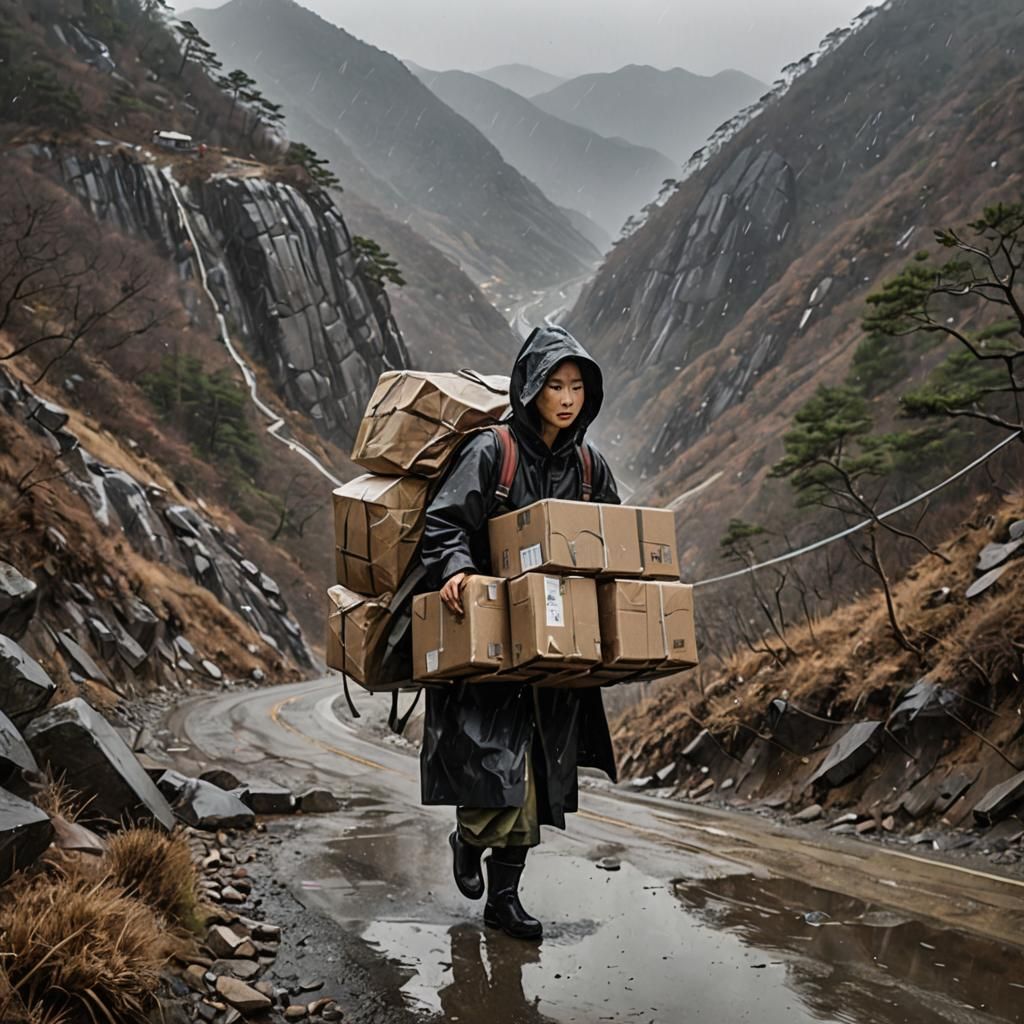 Korean Woman Hauling Packages in Rainy Mountain Pass