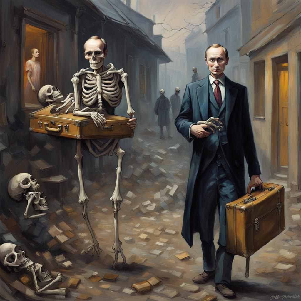 Putin with Skeletons in Vermeer Style