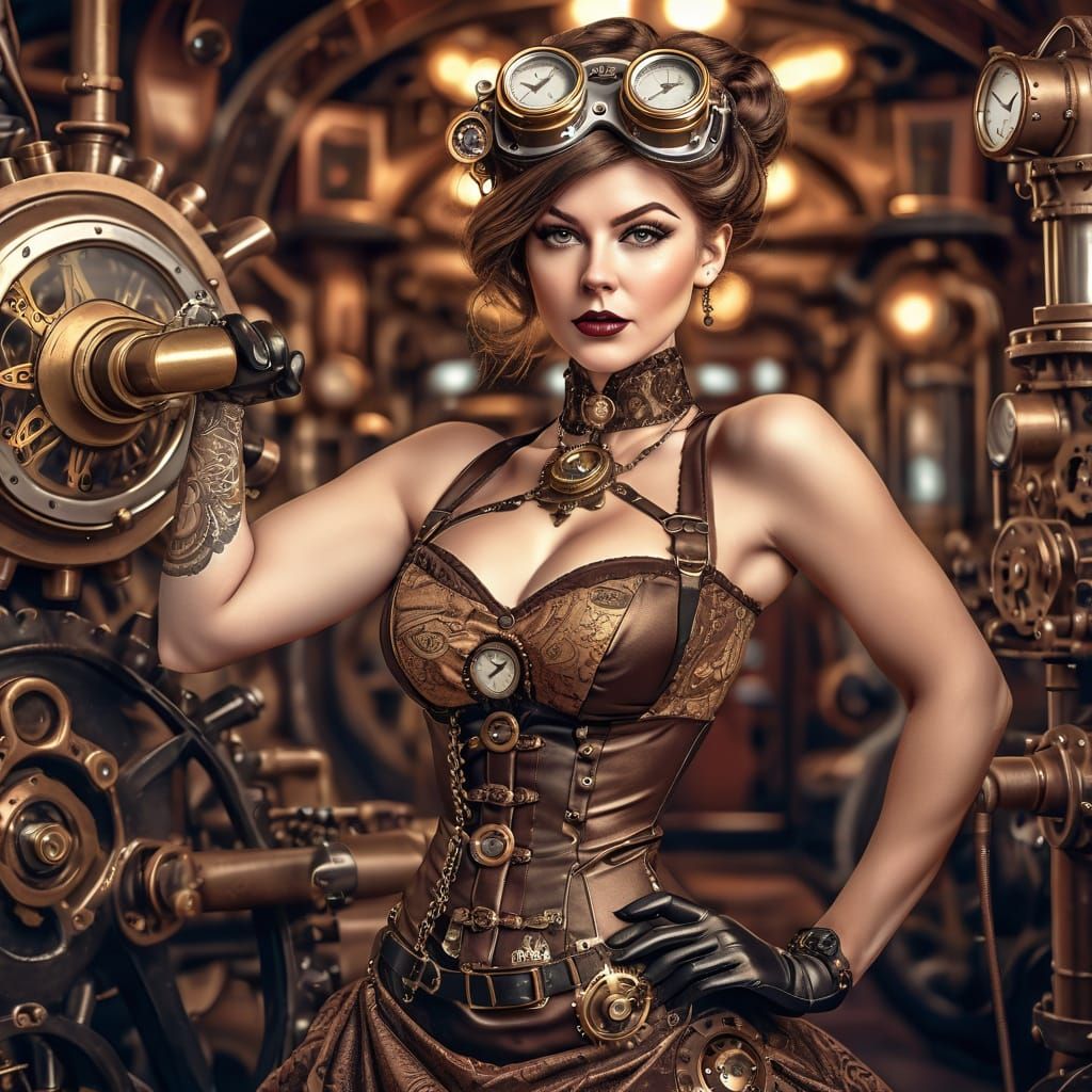 A stylish steampunk-inspired portrait of a confident woman