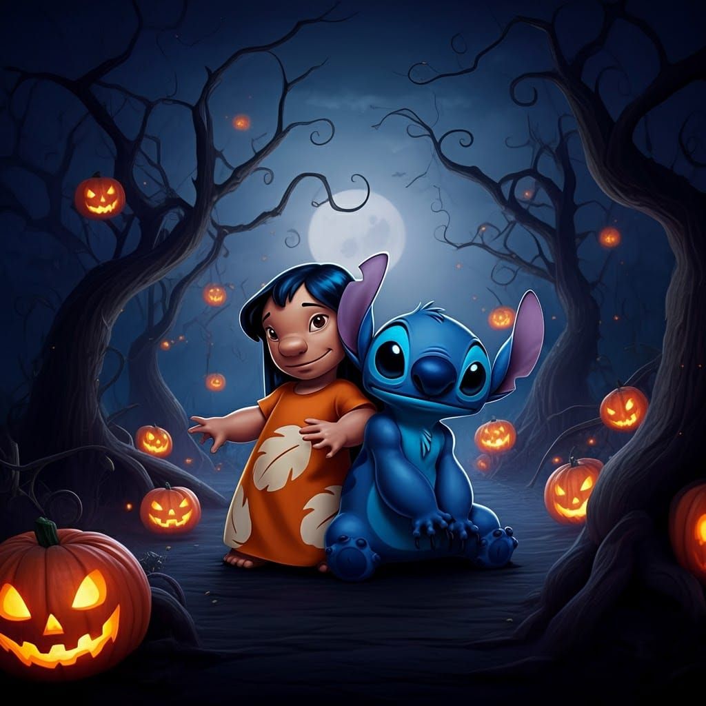 Halloween Lilo and Stitch in Mystical Landscape