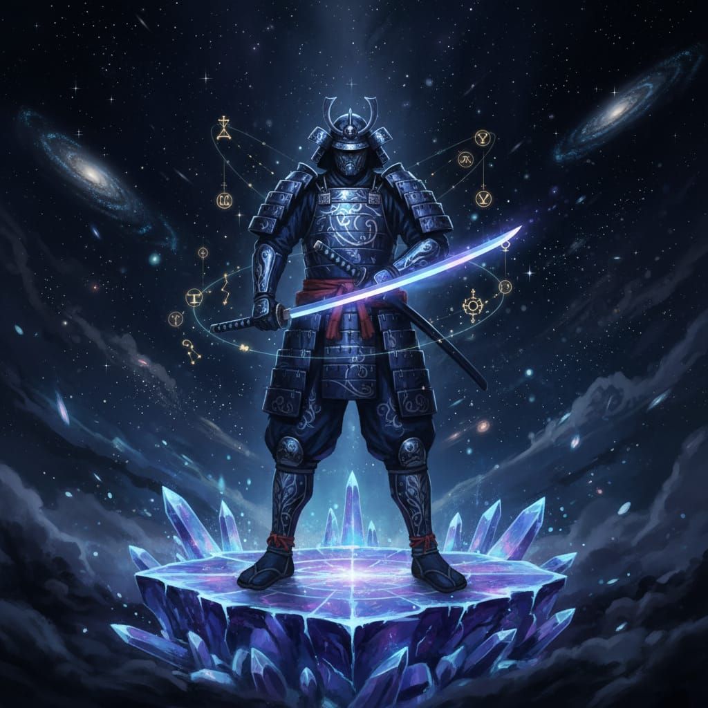 Armored Samurai on Crystal Platform Amidst Stars