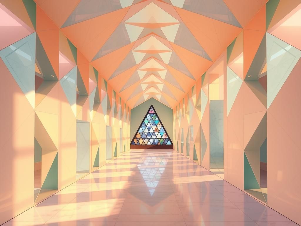 Kaleidoscopic Hallway with Geometric Shapes in Cubist Style