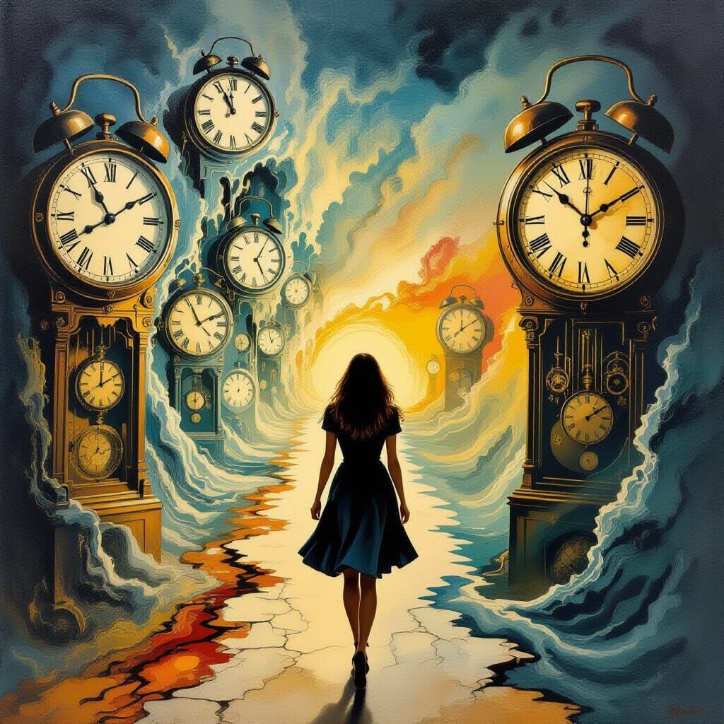 Surreal Woman in a World of Melting Clocks