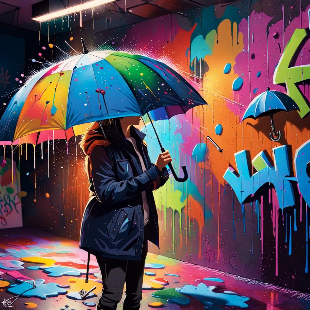 Colorful Graffiti Art: Umbrella Indoors in Urban Style