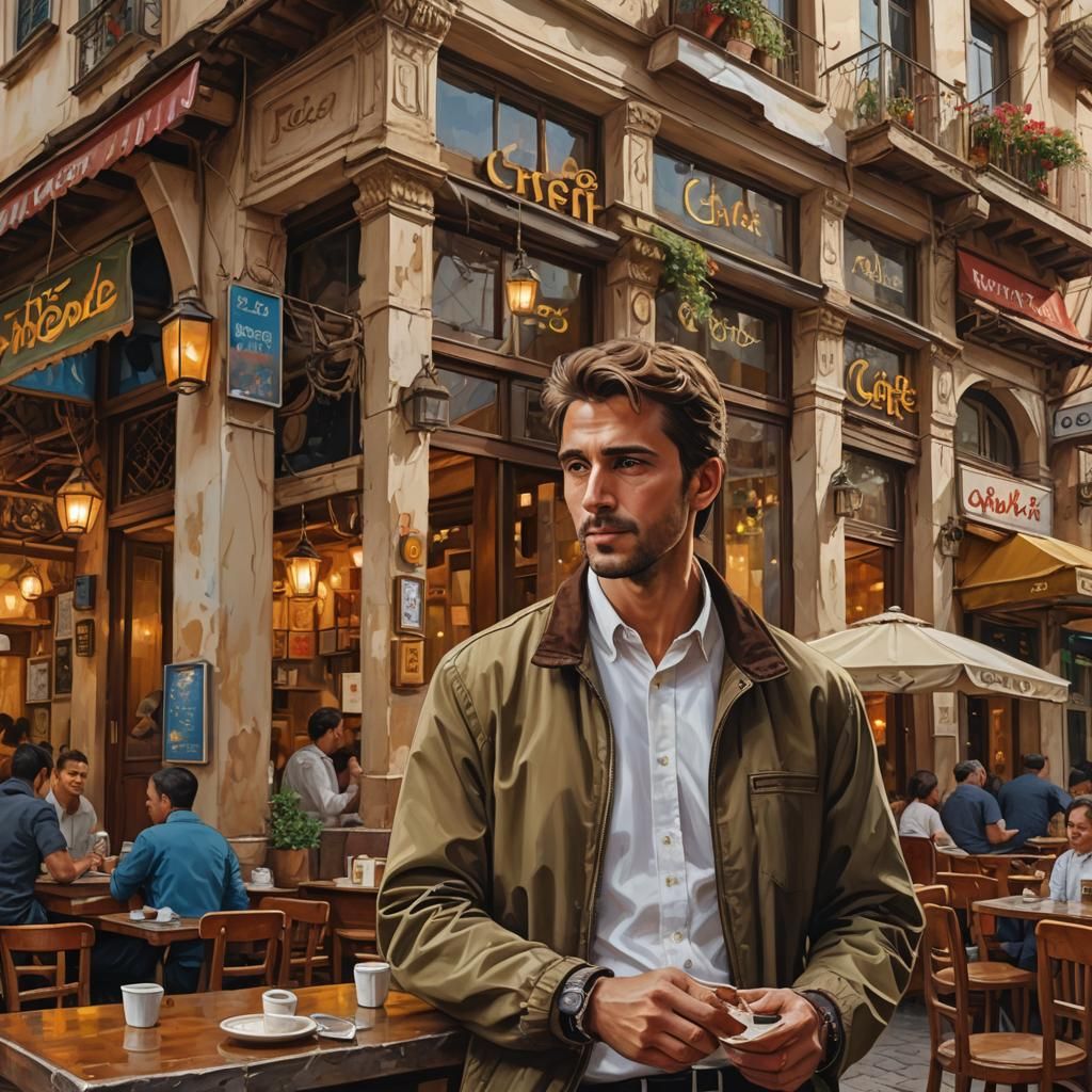 Man at Turkish Cafe in Oil Painting Style