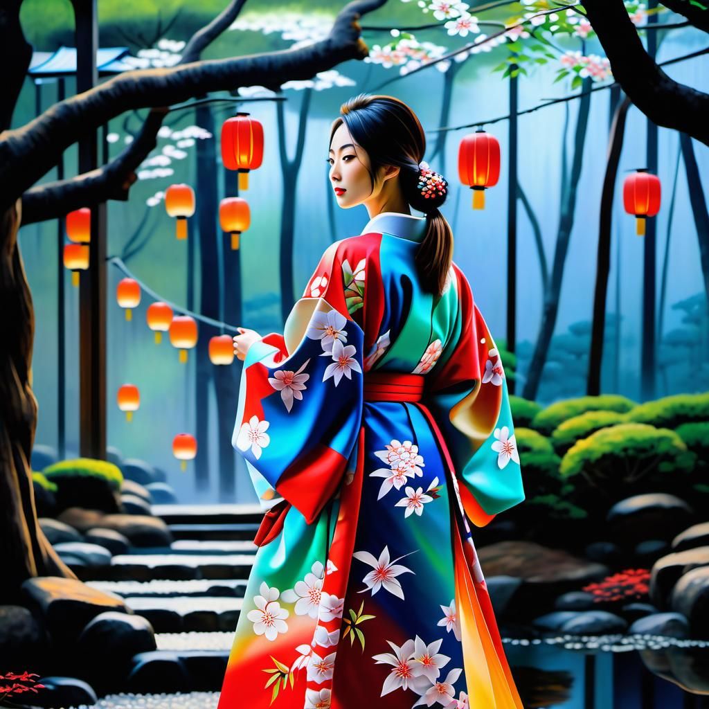 Girl in Kimono: Oil Painting in Japanese Garden