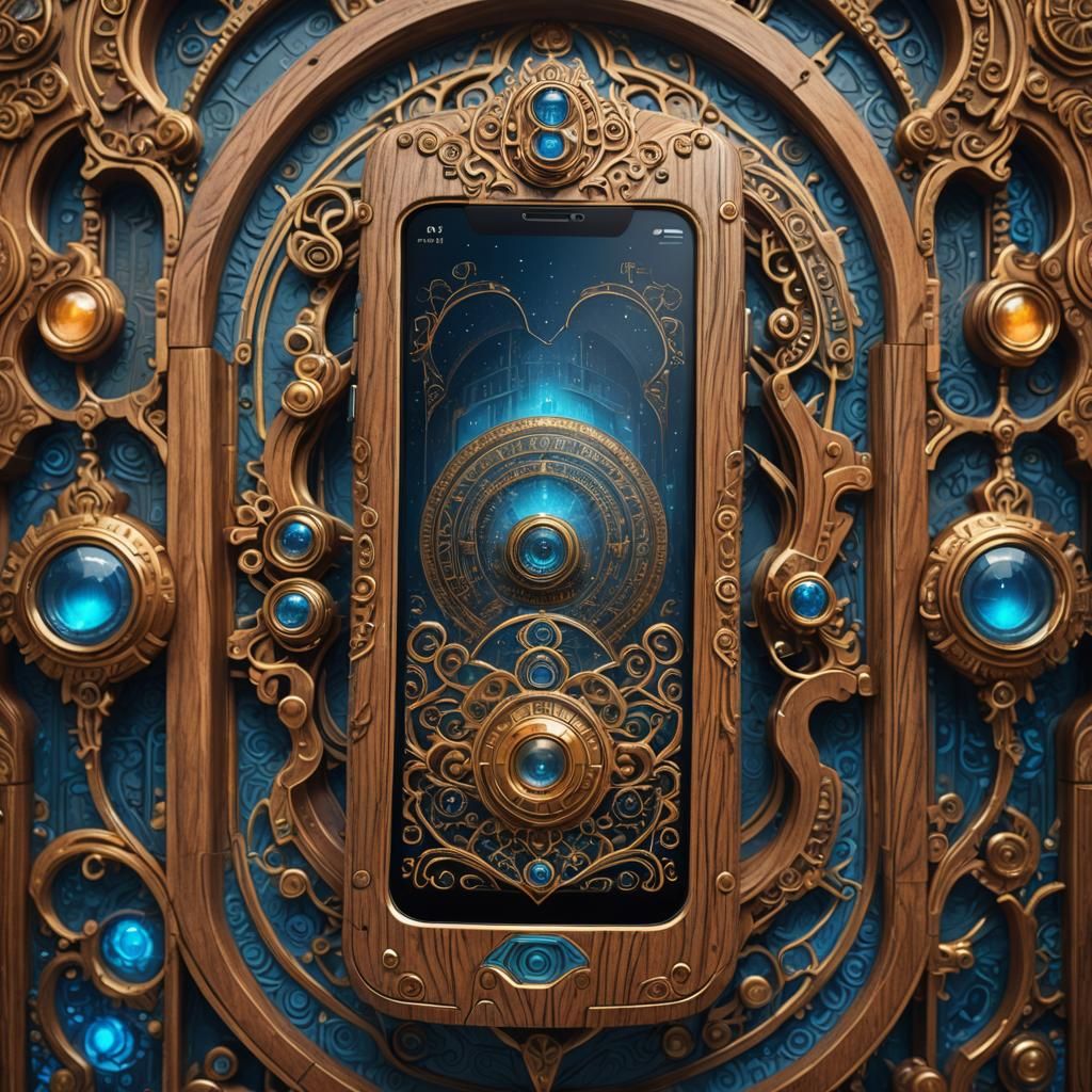Futuristic Wooden Mobile Phone in Ornate Fantasy Style