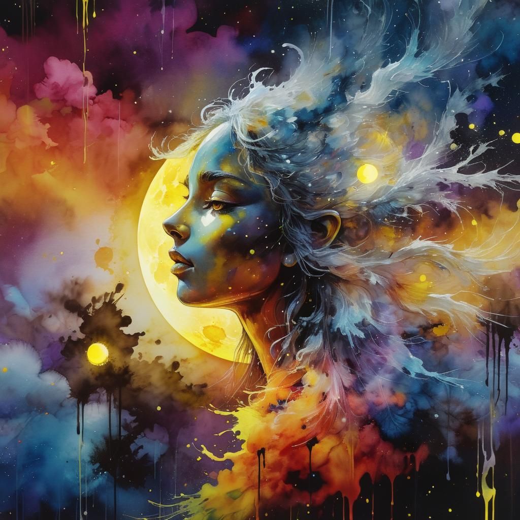 Ethereal Yellow Super Moon with Halo in Watercolor Style