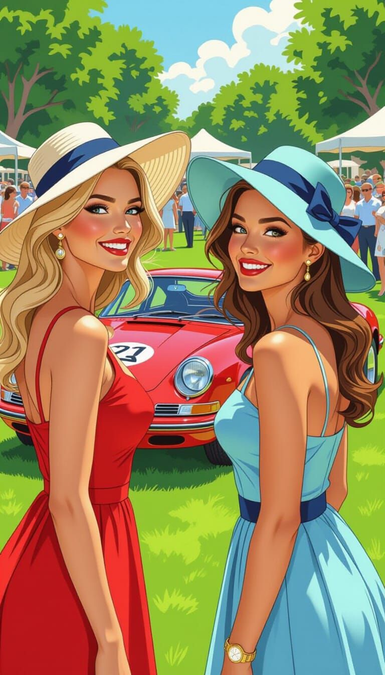 Women Admire Guards Red Porsche at Auto Show in Comic Style
