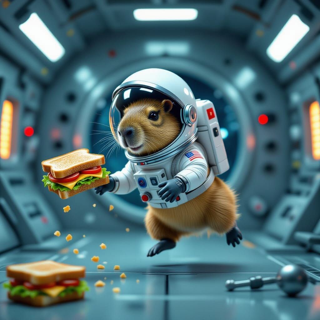 Capybara Astronaut Chases Sandwich in Space