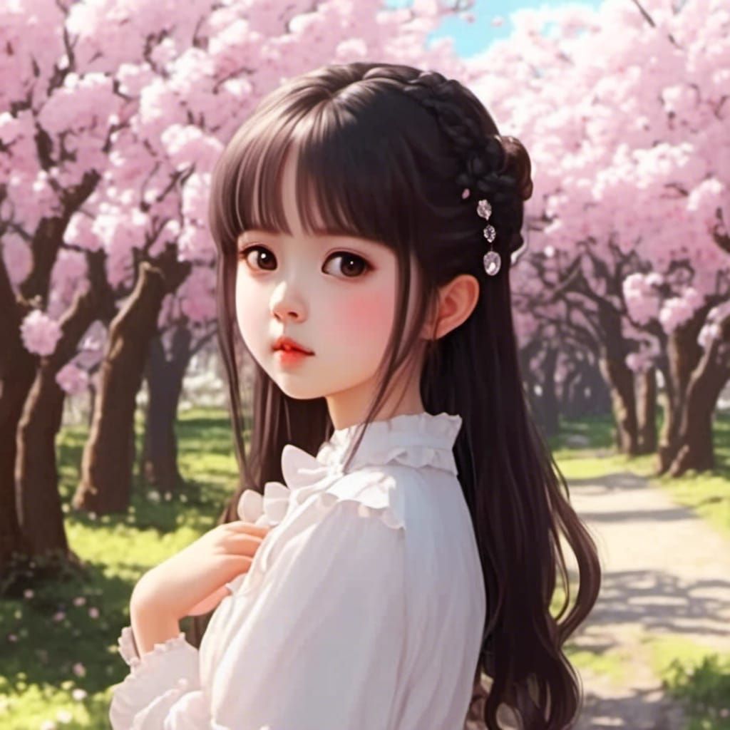 Cute 2D Cartoon Girl in Kawaii Style