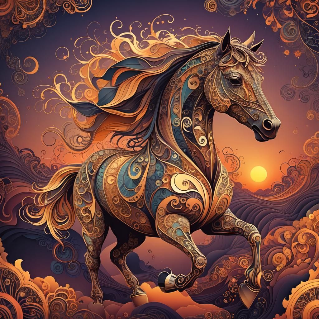 Horse at Sunset with Abstract Fractal Elements