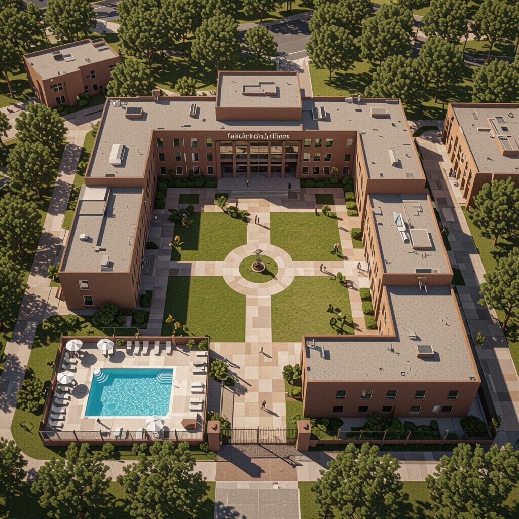 Secure College Campus Aerial View with Courtyard and Ameniti...