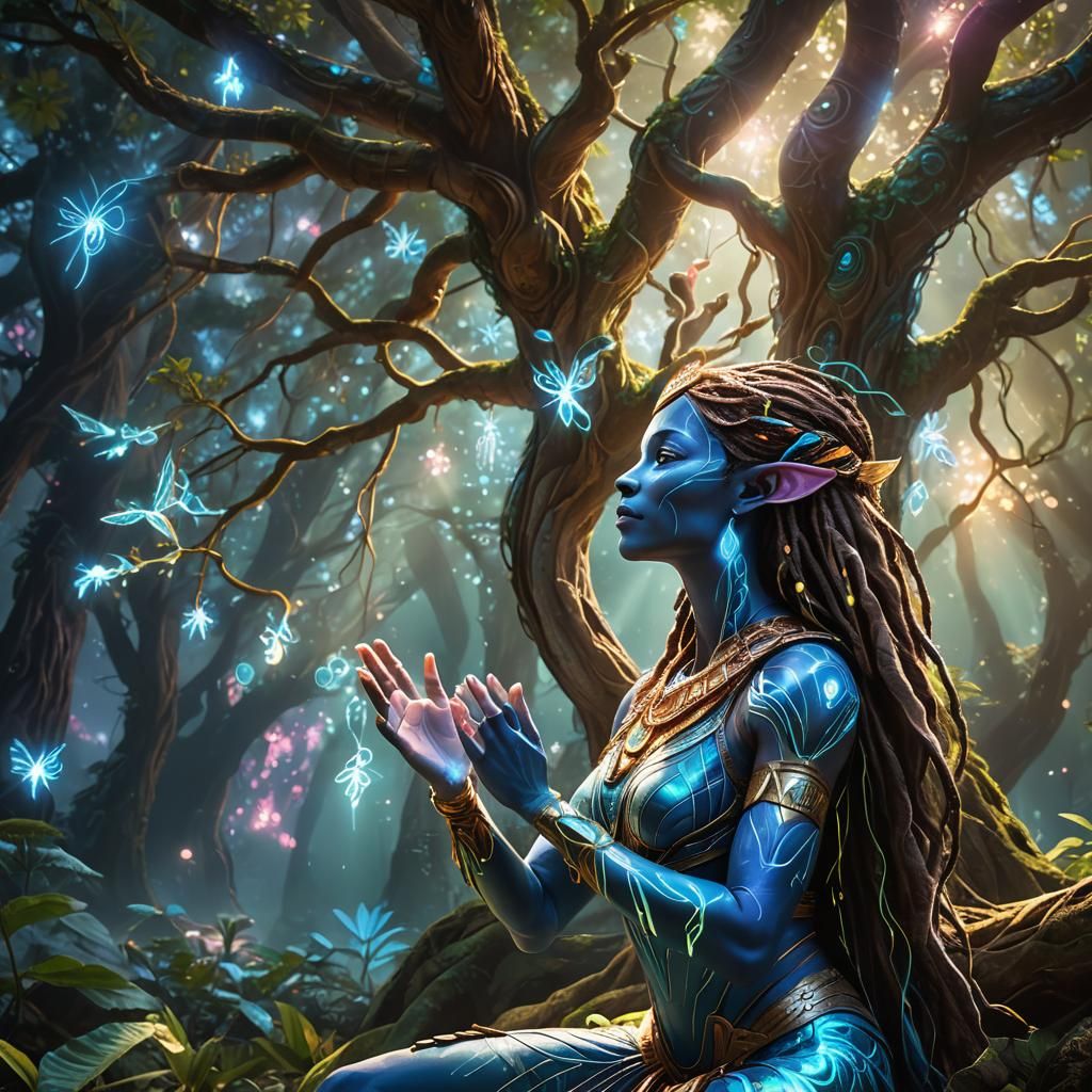 Neytiri Kneels at the Glowing Ava Tree