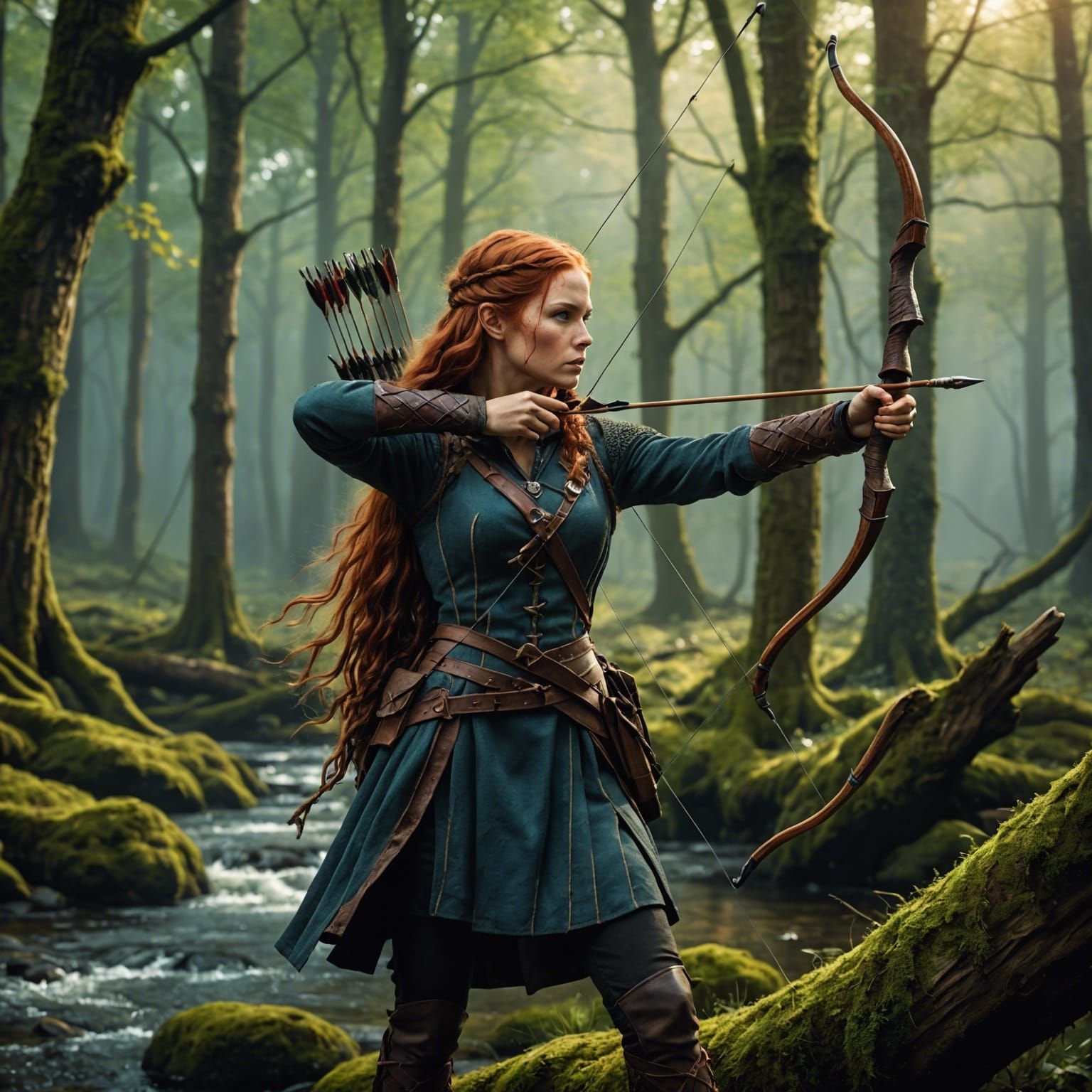 Half-Elf Huntress in Fantasy Forest, Digital Painting