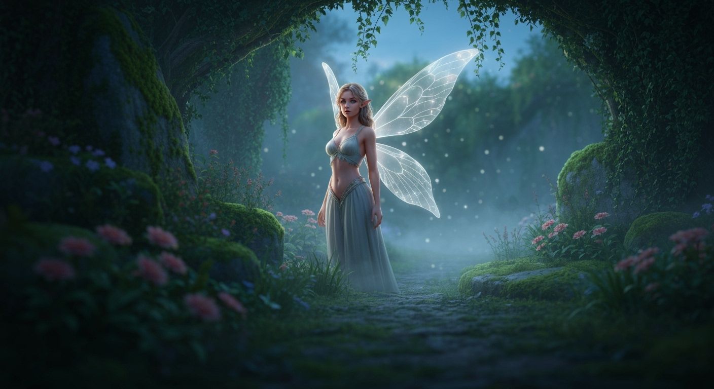 Enchanting Fairy in Twilight Garden: Detailed Matte Painting