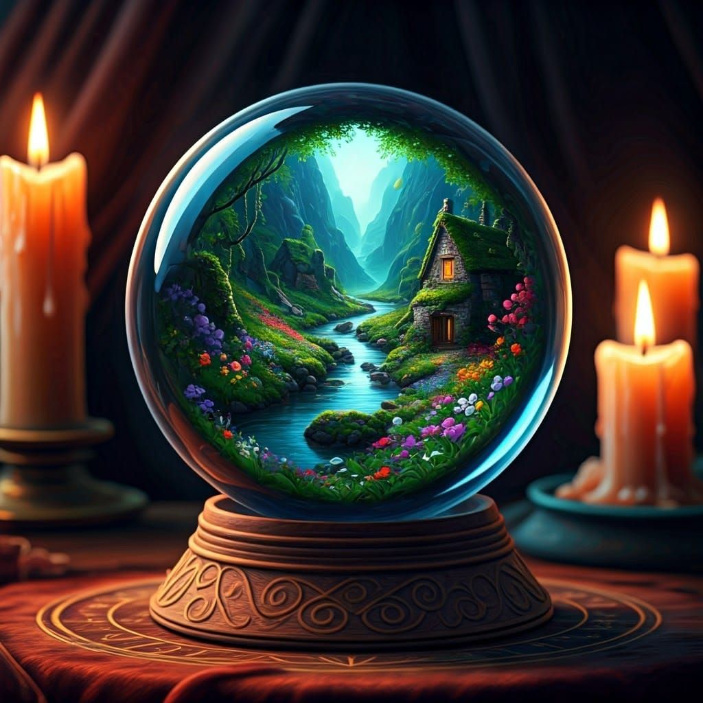 Crystal Ball Reveals Vibrant Spring Scene with Stone Cottage