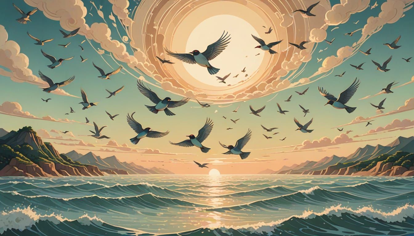 Surreal Birds in Mottled Light, Ethereal Art Style