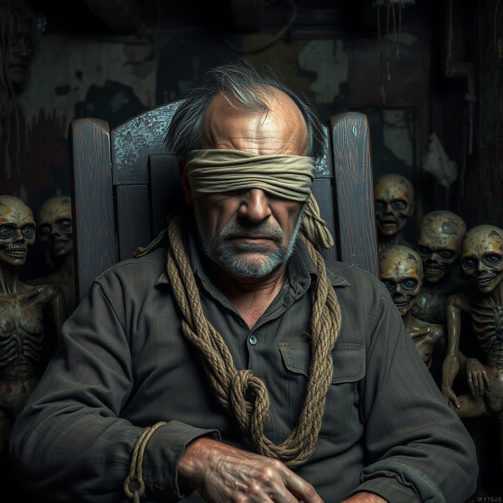 Shackled Man in a Macabre Basement Scene, Influenced by Hype...