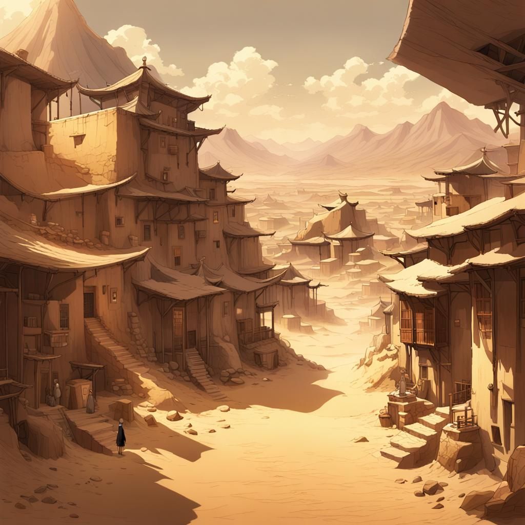 Mystic Desert Village: Anime Concept Art