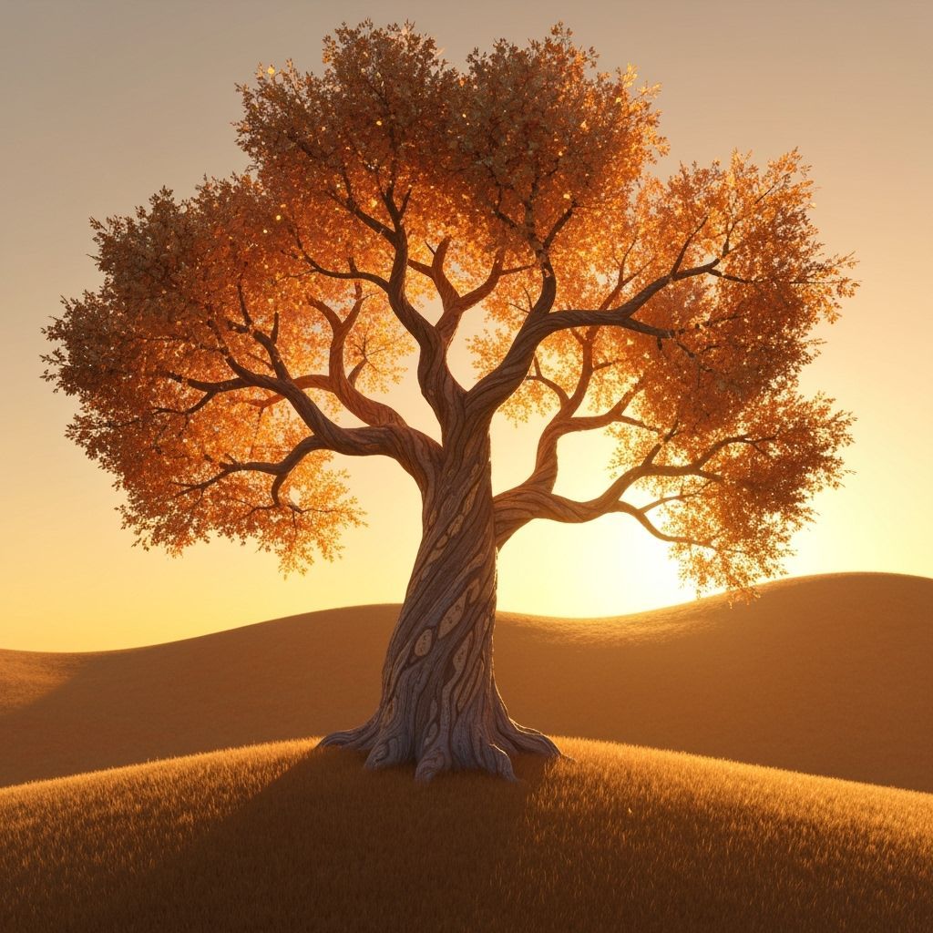 Golden Hour Oak Tree in 3D Rendered Style