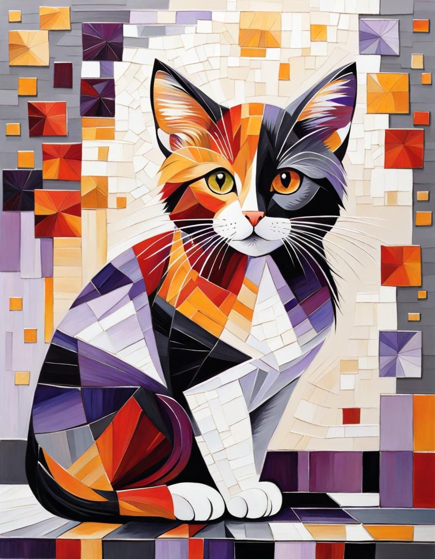 Mosaic Cubism: Adorable Red-Purple Baby Cat
