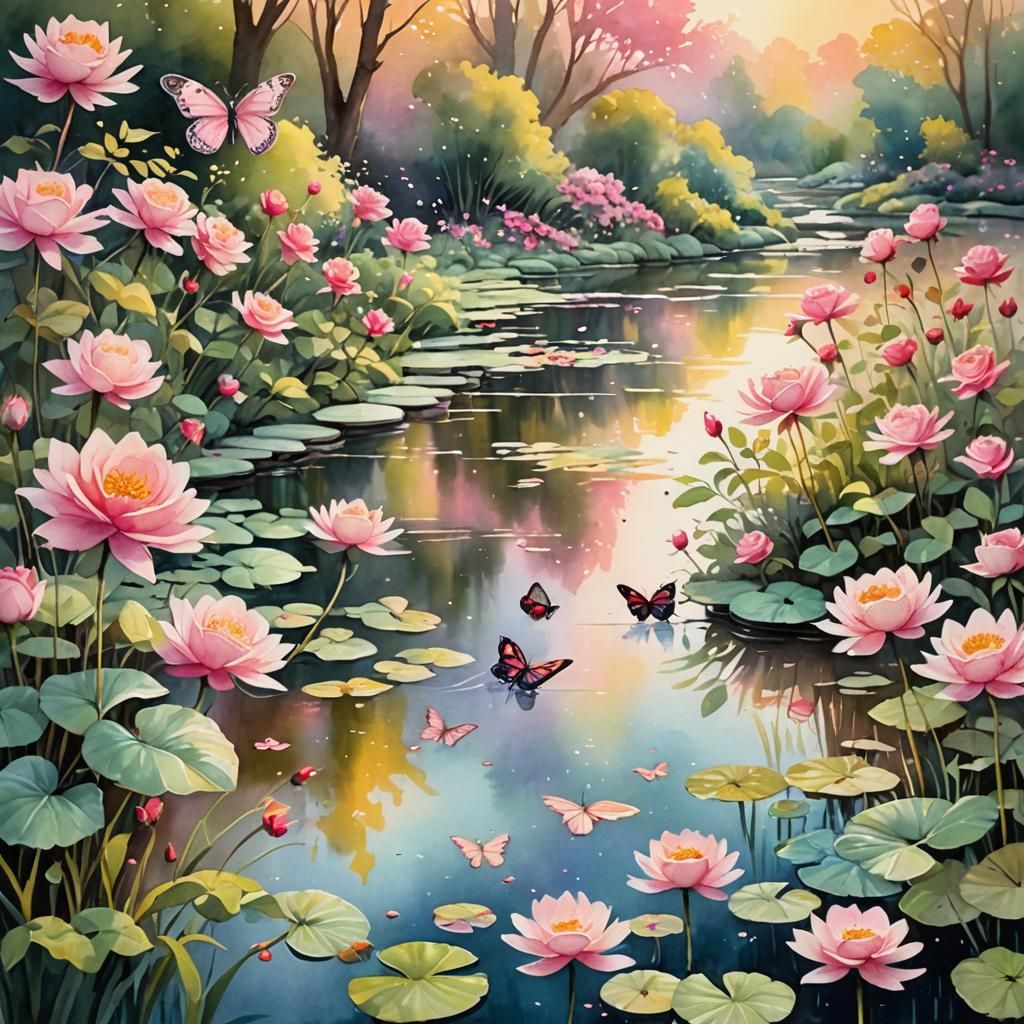 Pink Pond in Dreamlike Impressionism