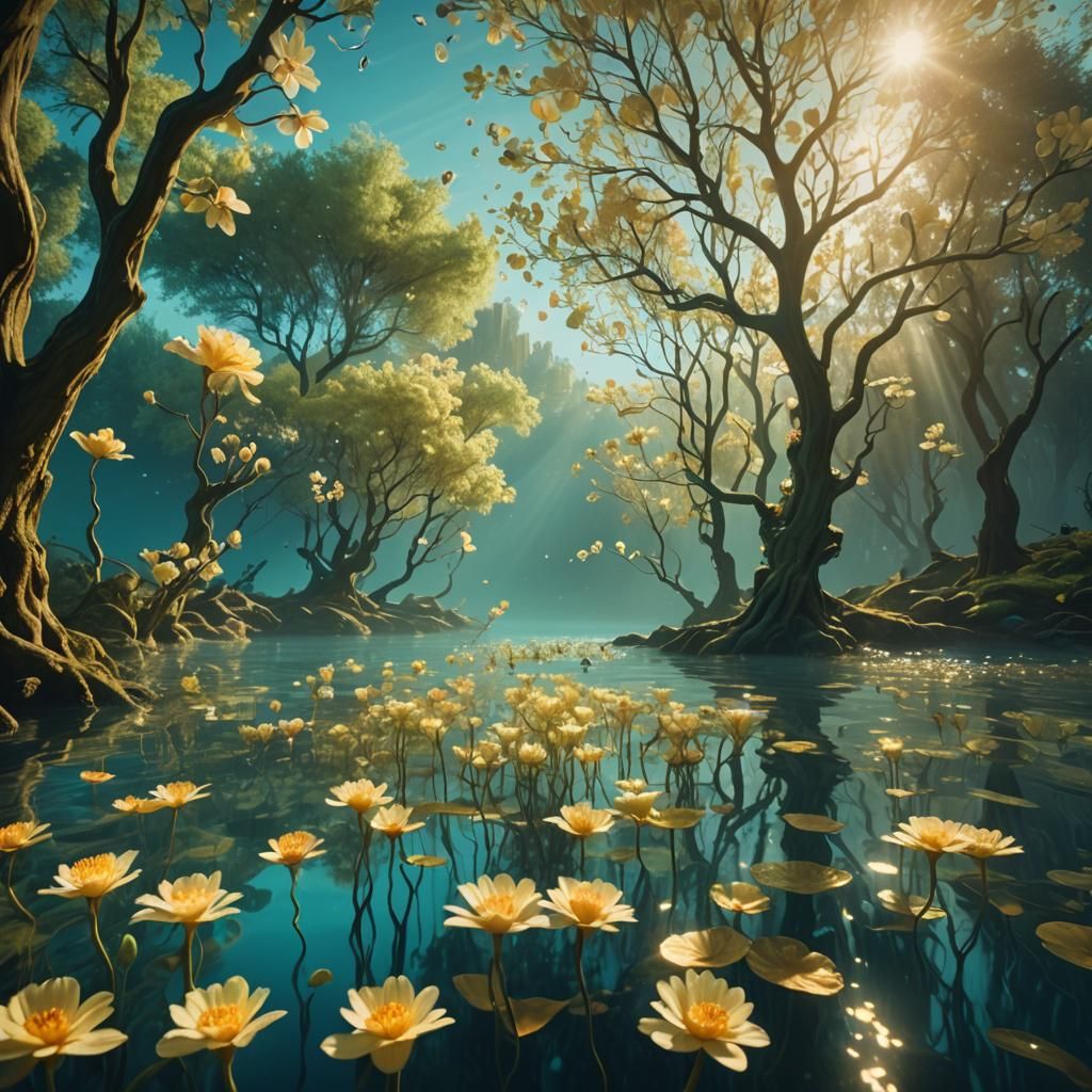 Underwater River with Glowing Flowers in Surreal Style
