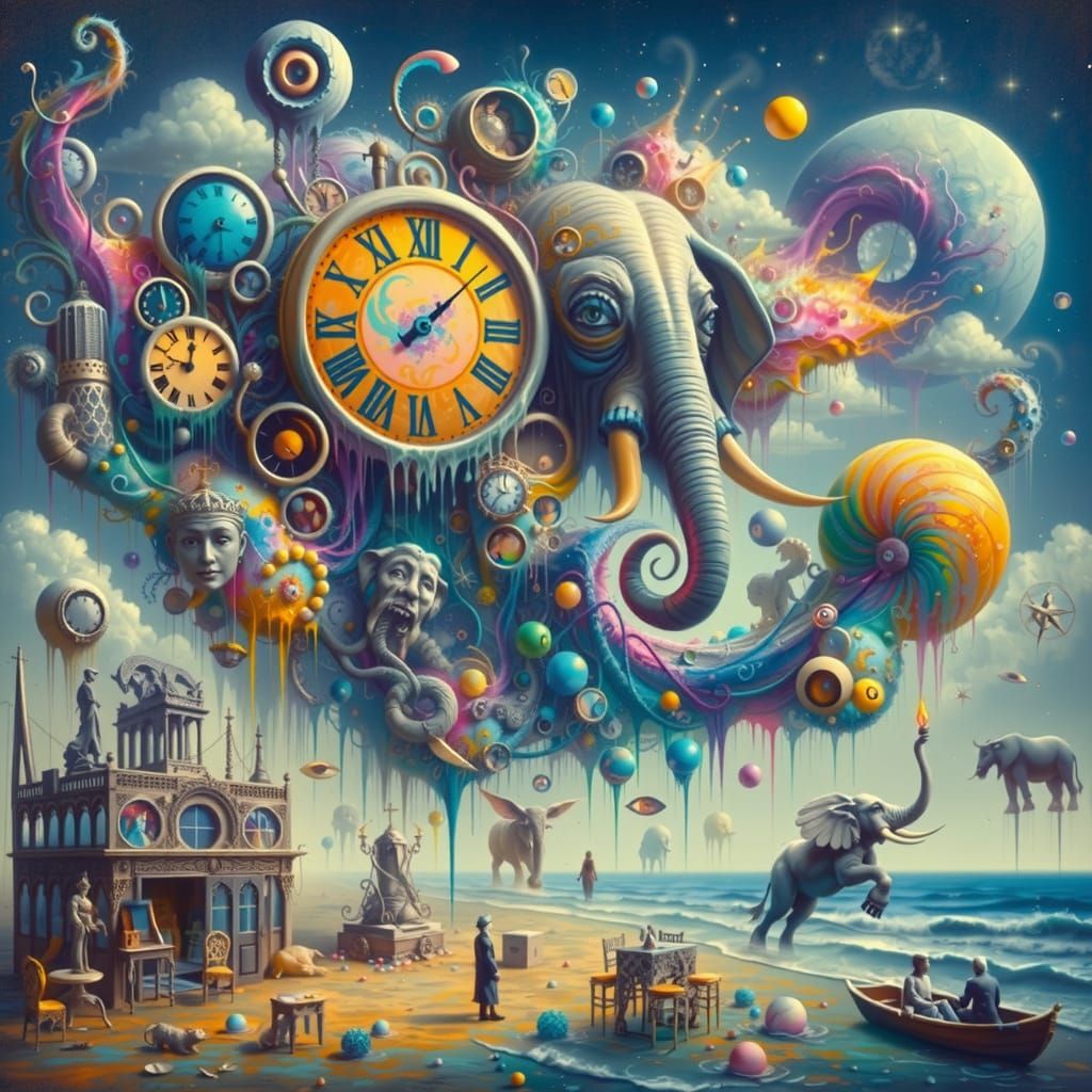 Surreal Melting Clock and Elephant Dreamscape
