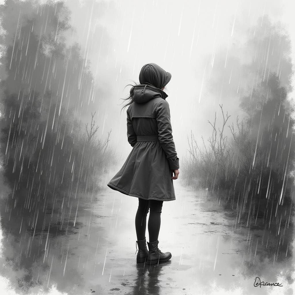 Woman in Rainy Nor'easter Storm, in Watercolor Style