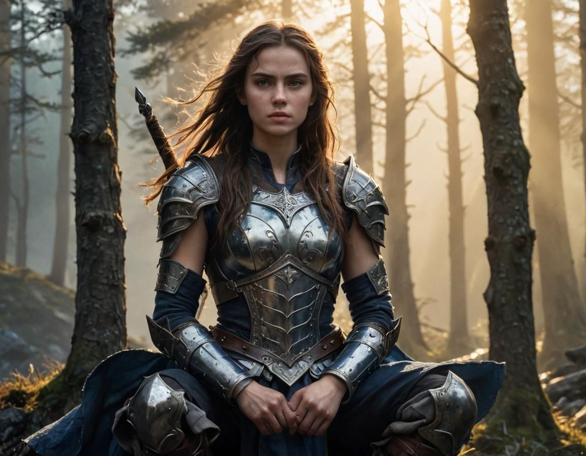 Heroic Warrior in Misty Landscape, Digital Painting