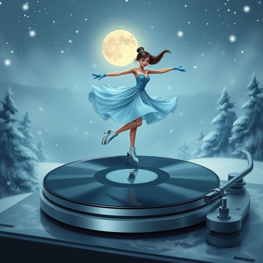 Figure Skater on Vinyl Record in Dreamlike Winter Scene