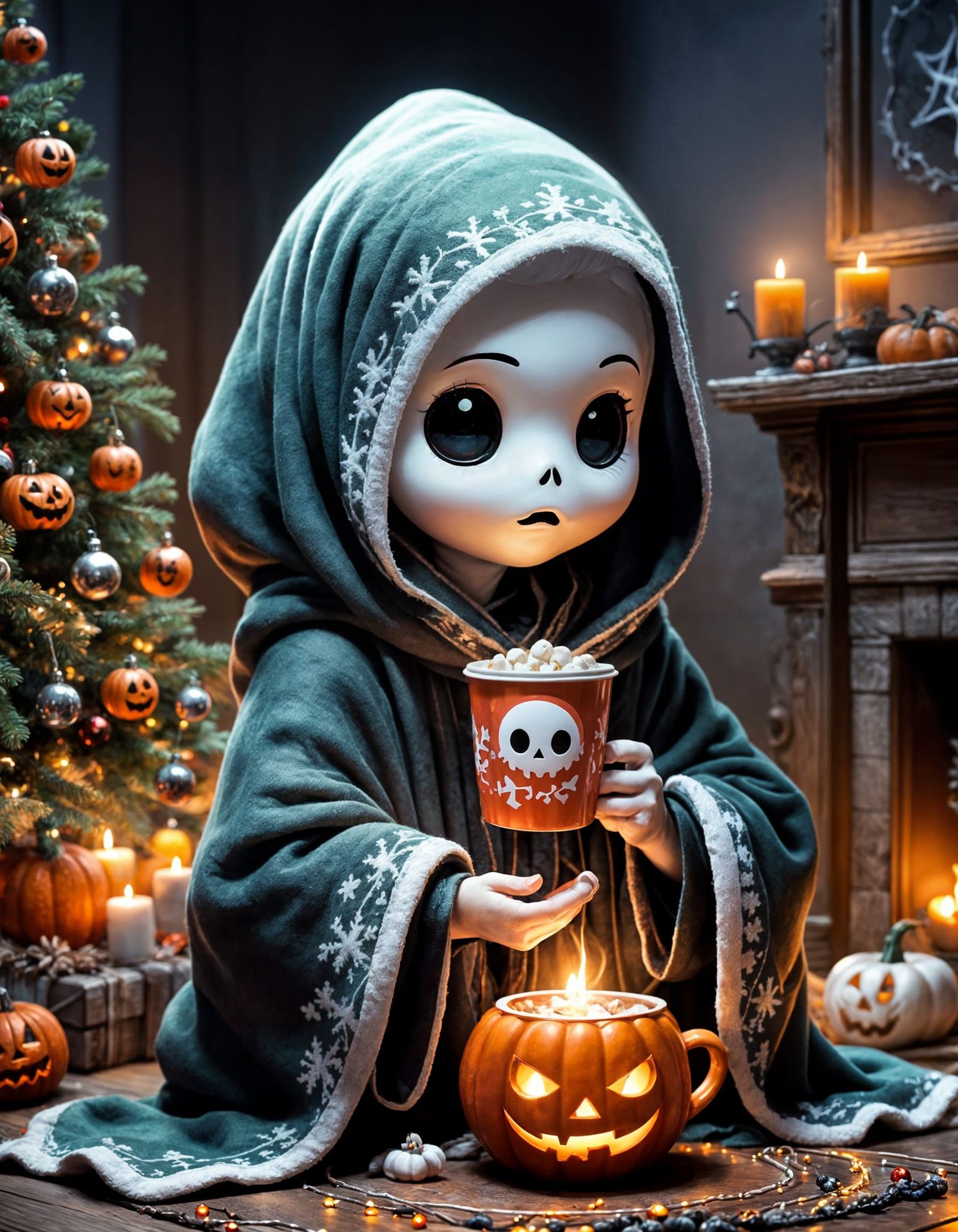 Cute Chibi Ghost With Hot Cocoa in Cozy Room