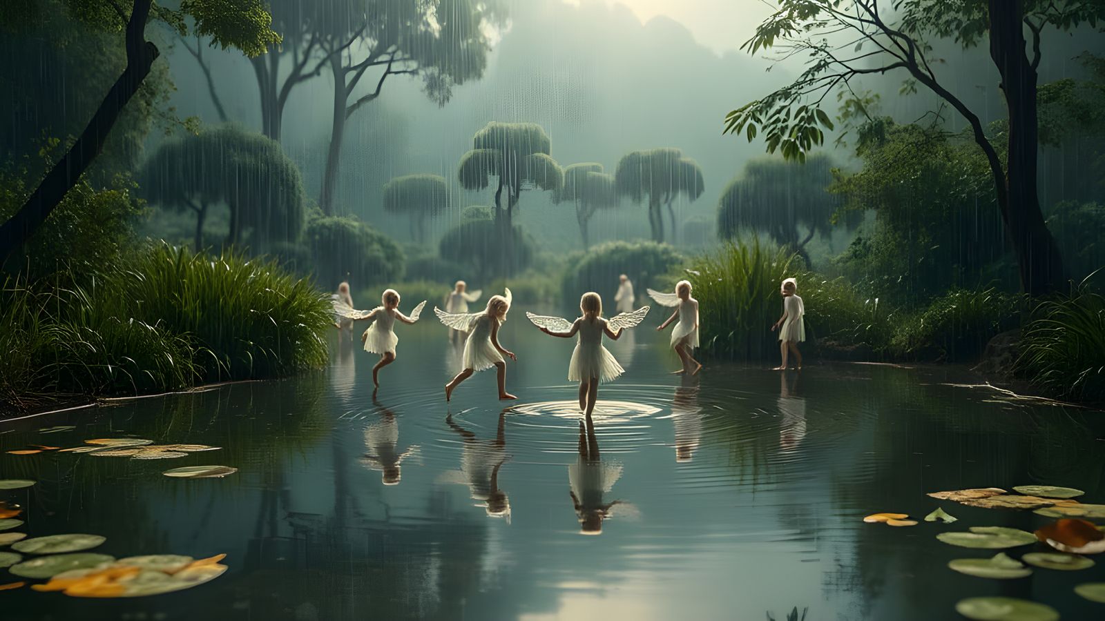 Raindrop Children Dancing on Pond Surface