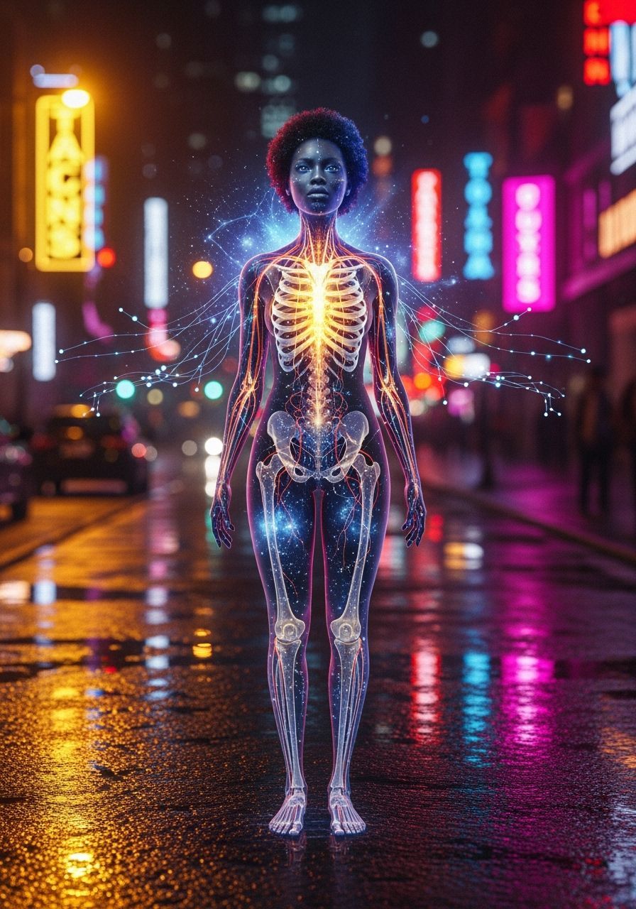 Afrofuturist Woman with Constellation Bones in Neon City