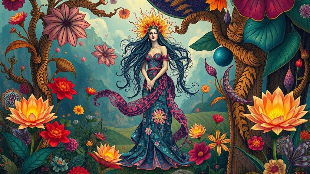 Ethereal Goddess Emerges in Vibrant Fantasy Realm