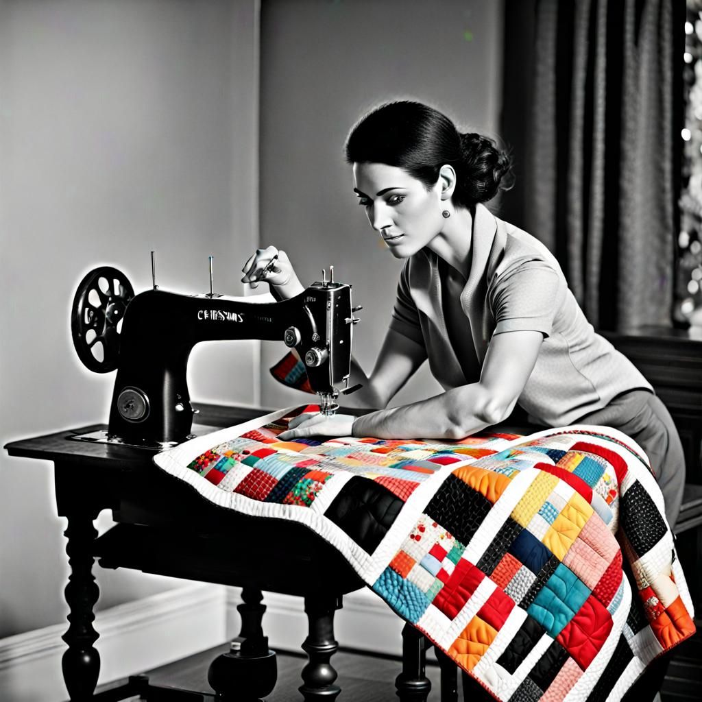 Monochrome Portrait of a Woman Sewing Colorful Quilt