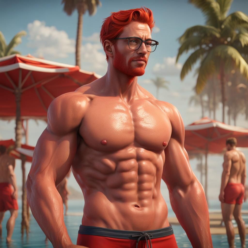 Redhead Lifeguard Flexing: Detailed Fantasy Art