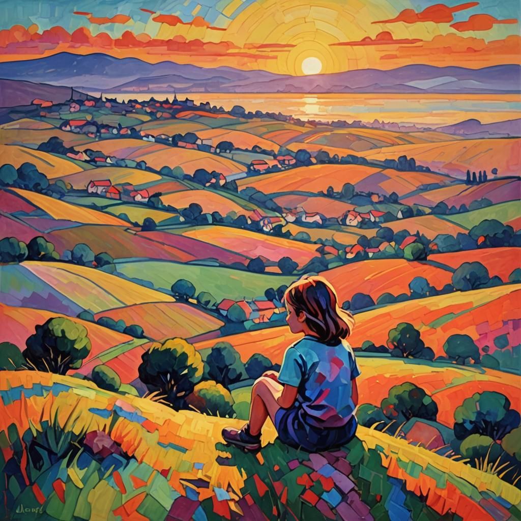 Girl on Hill at Sunset: Fauvism Painting