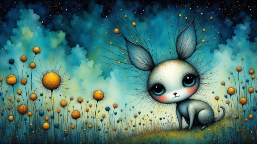 Dreamy Creatures Frolic in Bioluminescent Garden, Watercolor...