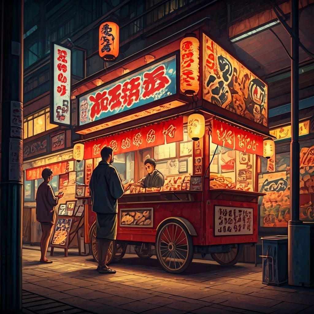 Vibrant Japanese Food Cart in Street Art Style