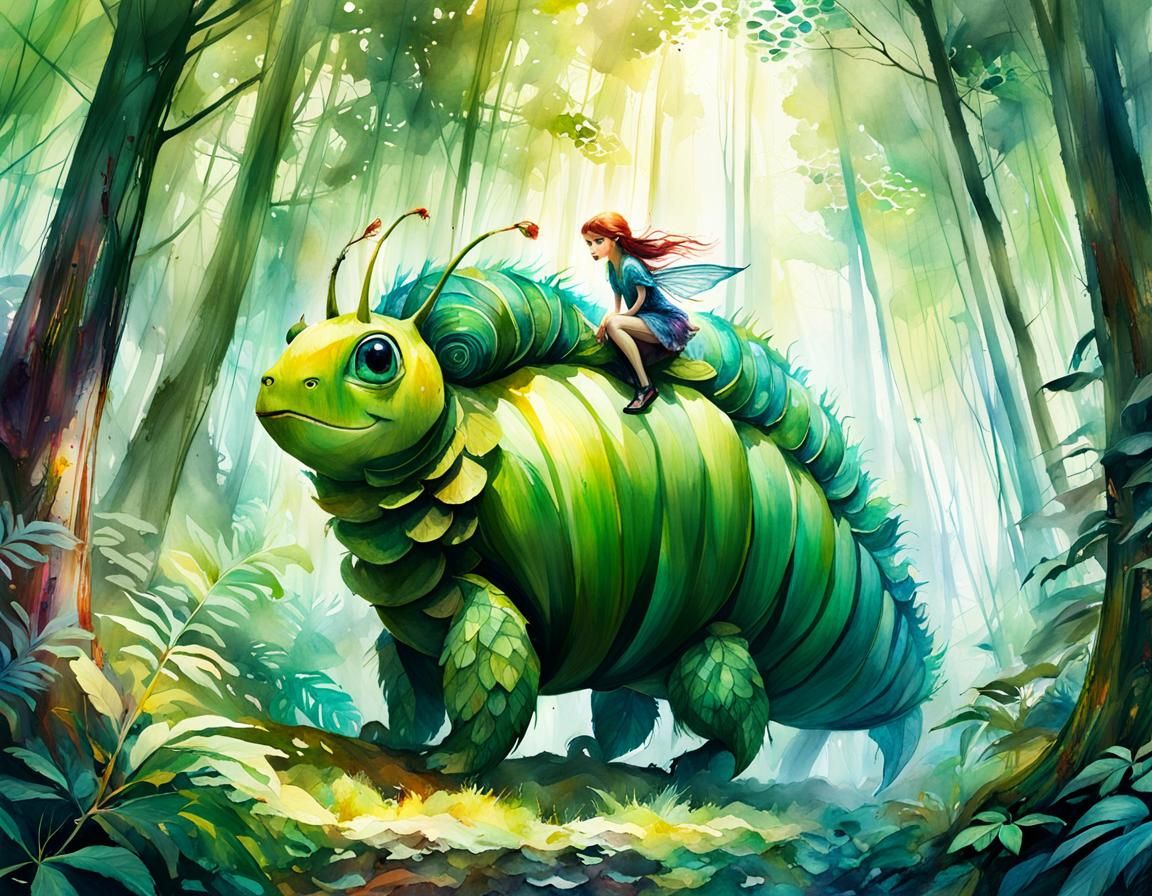 Elf Rides Apple Caterpillar in Fairy Forest, Digital Waterco...