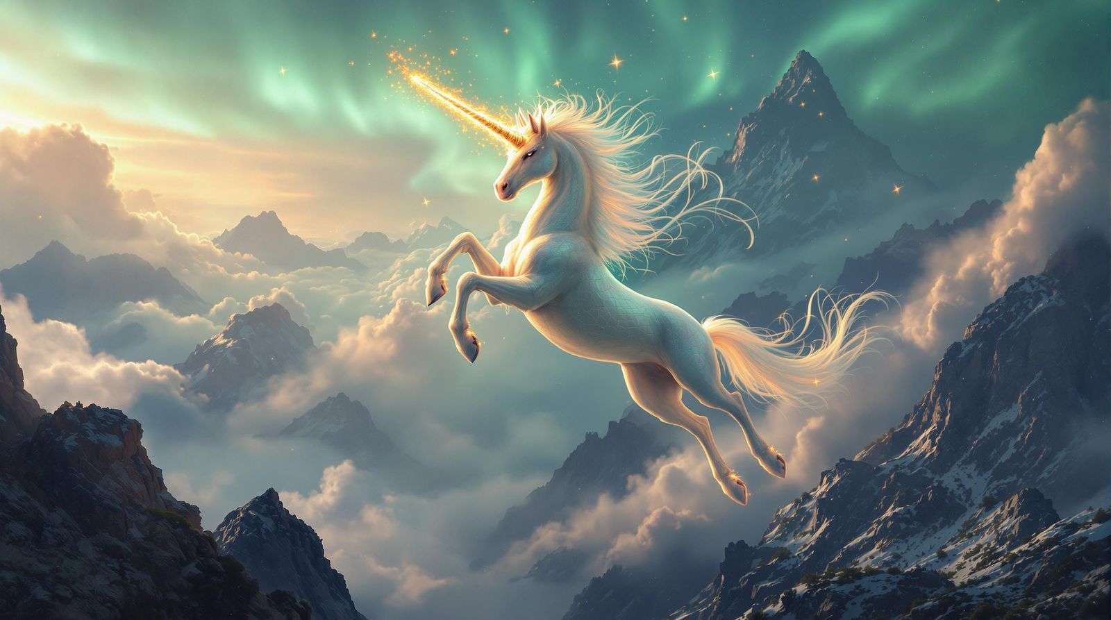 Majestic Unicorn Soars Above Enchanted Mountains in Vibrant...