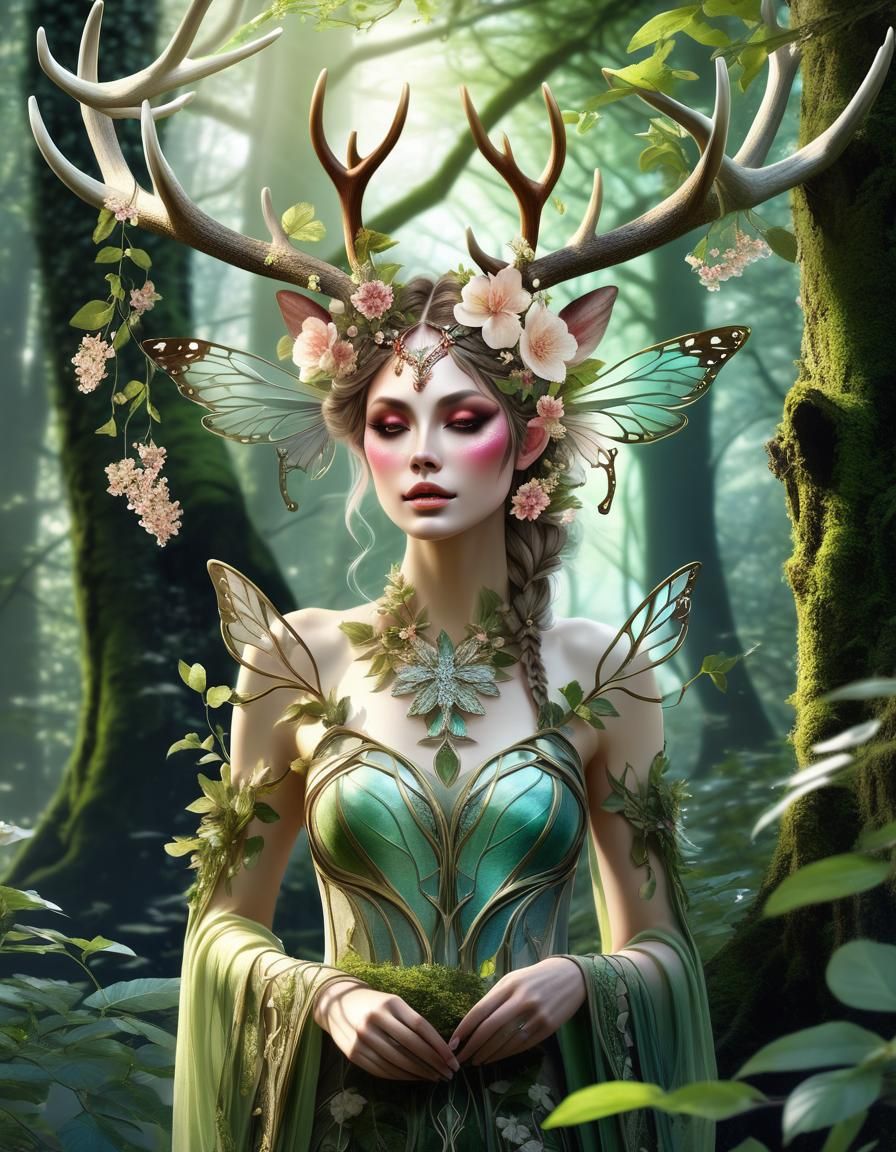 Fantasy Forest Fairy with Antlers and Floral Details