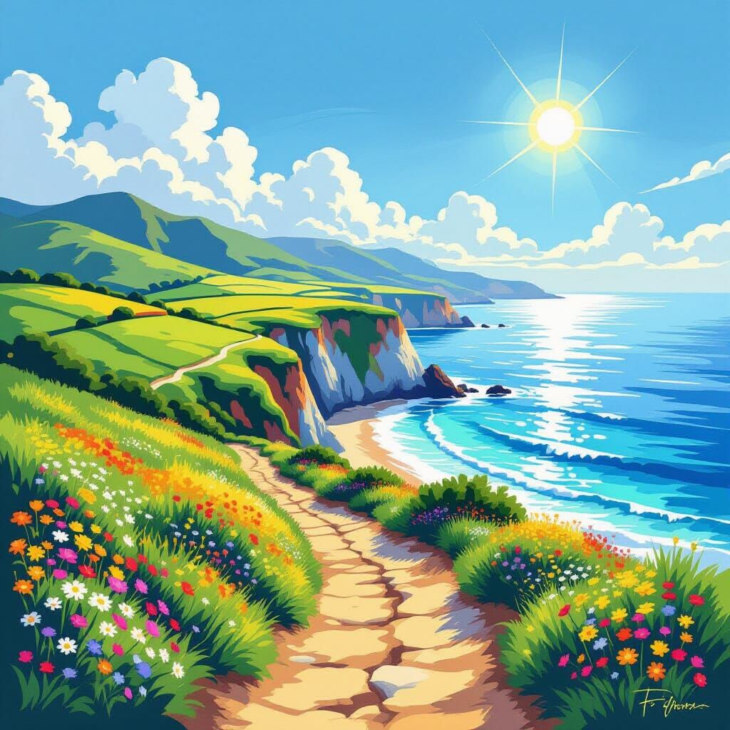 Idyllic Coastal Path in Vibrant Post-Impressionist Style