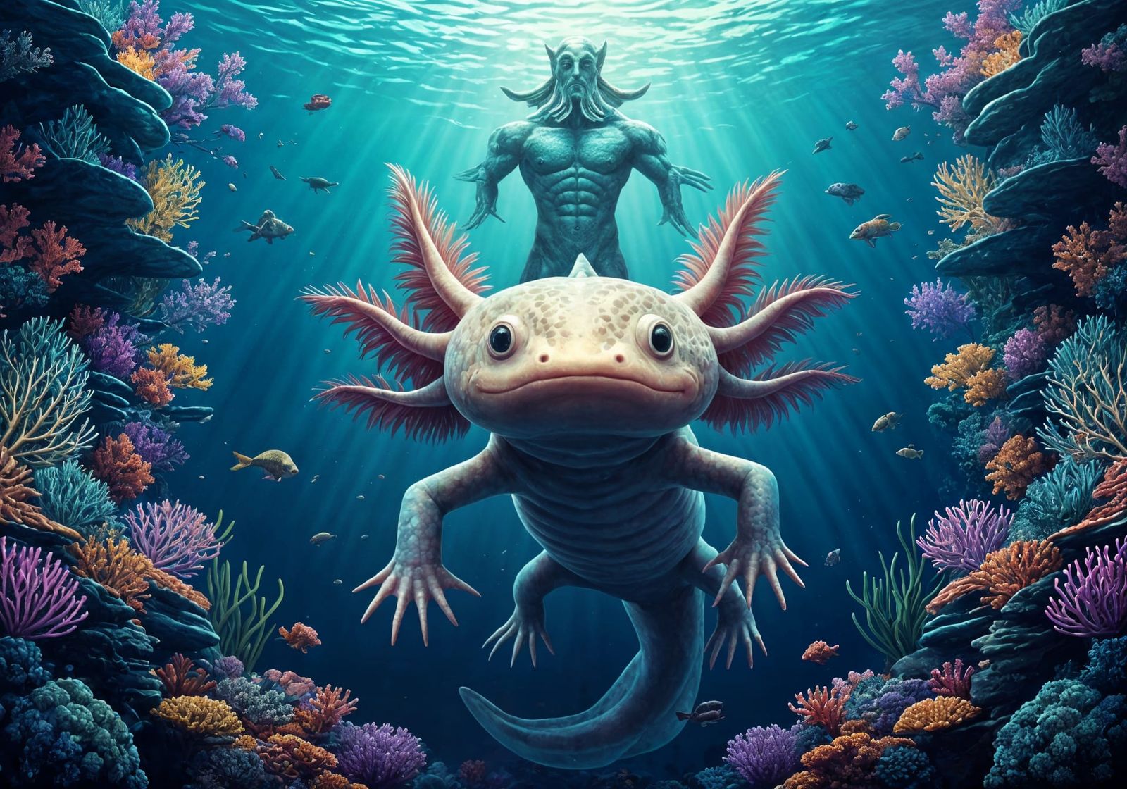 Mythical Triton Observes a Vibrant Axolotl